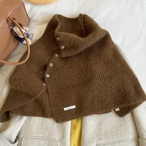 Damen Winter Stehkragen Strickschal Knöpfe Warmes Cape Weicher Zopfstrick Poncho Lässiger Einfarbiger Mantel Für Den Alltag Gemütlicher Umhang