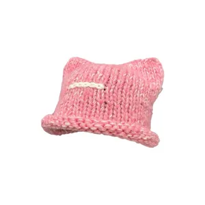 Delizioso berretto in maglia rosa con orecchie di gatto da donna, cappello invernale caldo a risvolto.