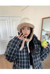 Koreanische gefütterte Ohrenklappen Mütze und karierte Winterjacke warme modische Kleidung