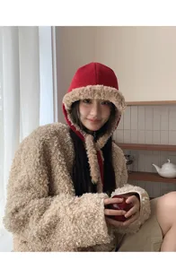 Koreanische Pluesch Ohrenklappen Bombermuetze Damen Winter warme dicke Fahrradkappe chic
