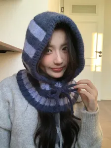Balaclava de punto de rayas gorro y bufanda 2 en 1 mujer invierno calida capucha comoda.