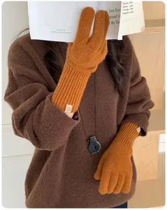 Damen lange Strickhandschuhe Winter warme melierte Fünffinger-Handschuhe kuschelige Accessoires
