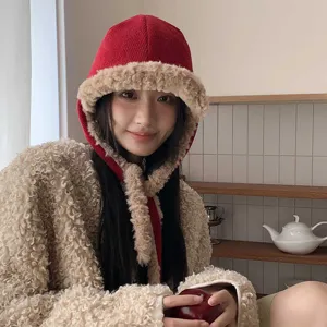 Koreanische Pluesch-Fallemuetze und bequeme Jacke fuer Damen im Winter warm und stilvoll.