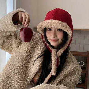 Koreanische Art Winter warme Plüsch Ohrenschützer Bombermütze für Damen in Rot und Beige.