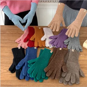 Damen lange Strickhandschuhe winterwarm meliert Wolle Fünffinger Handschuhe Stil