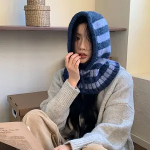 Pasamontañas de punto a rayas para mujer, gorro de invierno y bufanda combinados.
