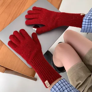 Damen Winter lange rote Strickhandschuhe warme Wolle Fünffinger Handschuhe Mode Alltag Winter