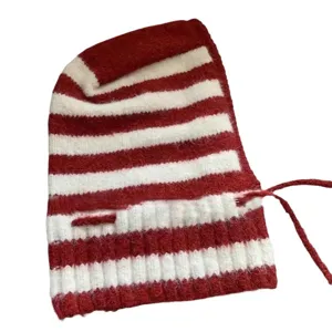 Balaclava de punto a rayas rojas y blancas gorro bufanda capucha cálida de invierno
