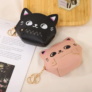 Cute Cartoon Cat Zipper Coin Purse PU Leather Mini Earphone Pouch Key Ring Bag Wallet For Girls Students Daily Storage