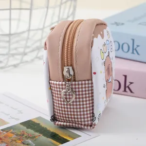 Cute cartoon bear coin purse mini storage pouch with plaid pattern and heart zipper pull