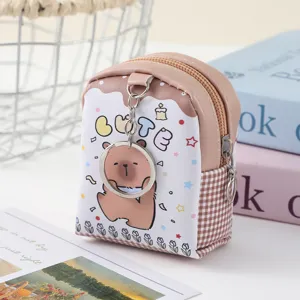 Cute mini backpack coin purse with bear pattern, PU leather portable earphone storage bag.