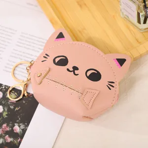 Cute pink cat coin purse with zipper and keychain, mini portable earphone storage bag.