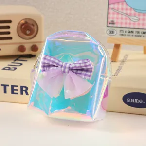 Holographic mini backpack coin purse with purple plaid bow, cute portable earphone storage bag.