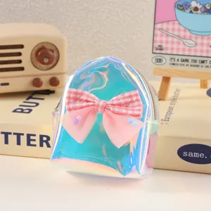 Holographic mini backpack coin purse with cute pink plaid bow, portable and stylish storage.