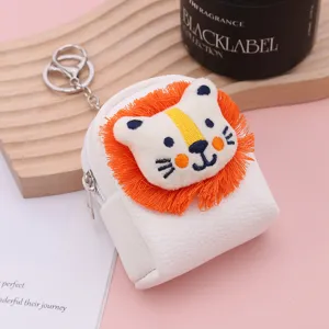 Cute mini plush lion backpack coin purse with keychain, portable PU leather zipper pouch.