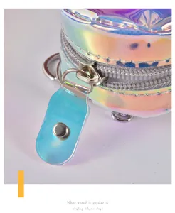 Detailed view of a holographic PU leather round coin purse with zipper and metal ring, shiny.