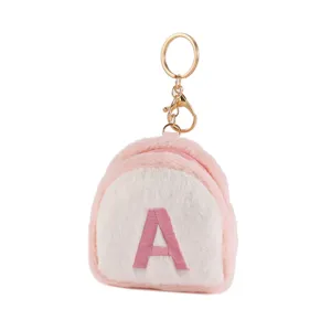 Cute mini plush letter coin purse backpack keychain fluffy earphone storage bag pink white