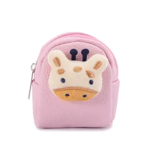 Pink mini backpack coin purse detail featuring cute plush giraffe cartoon embroidery and zipper.