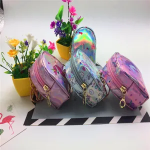 Holographic unicorn mini coin purse, cute laser small backpack keychain for women kids.