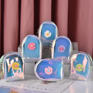 Colorful Holographic PU Mini Backpack Shape Coin Purse Daisy Flower Print Portable Earphone Bag