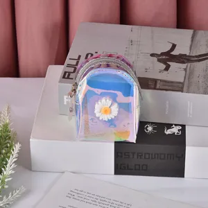 Holographic PU daisy mini backpack coin purse, cute portable headphone storage bag for women.