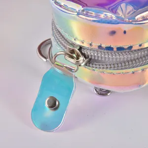 Holographic PU mini coin purse, portable earphone pouch zipper design with transparent tab.