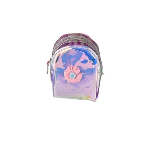 Holographic mini backpack coin purse with cute pink daisy flower charm, zipper closure.