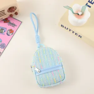 Blue Tweed Mini Backpack Coin Purse Cute Kawaii Keychain Portable Earphone Storage Bag Sweet