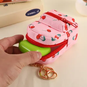 Mini pink canvas backpack coin purse cute cherry print zipper headphone storage bag keychain
