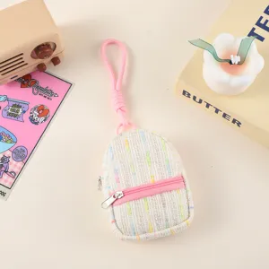 Mini tweed backpack coin purse cute portable earphone data cable storage pouch key chain.