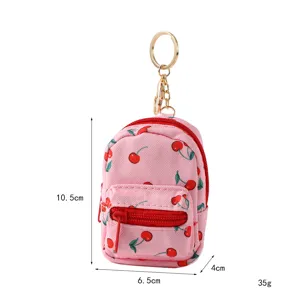 Cute pink cherry pattern mini backpack coin purse with keychain, lightweight and portable.