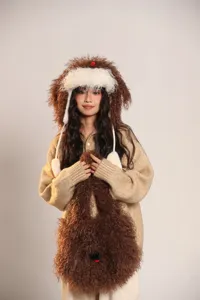 Joli ensemble bonnet et sac en peluche chiot hirsute mignon hiver chaud doux mode