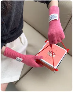 Women winter long knit solid color gloves, warm full finger touch screen pink wool blend stylish.