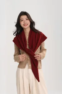 Women's pure wool triangular scarf shawl, classic red knitted cape for warm winter styling.