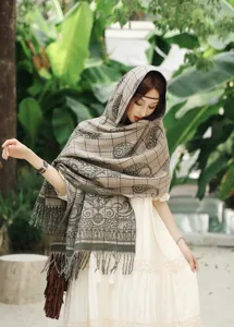 Mujer bufanda imitacion cachemir cuadros cachemira invierno calida retro flecos capa