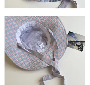 Cappello da pescatore vintage a quadri rosa blu per donna, cappello sole tesa larga con lacci.