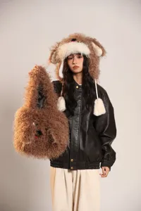 Automne hiver mignon chapeau à rabats d'oreille de chiot duveteux et sac en peluche ensemble chaud