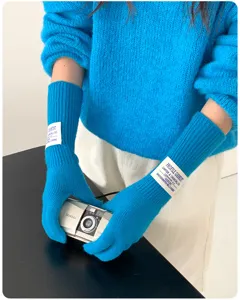 Blue knitted long gloves for women, autumn and winter warm fingerless touch screen gloves.