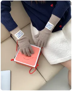 Chic knit gloves for women, long khaki design, warm and cozy for autumn winter daily wear.