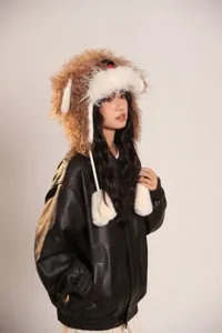 Bonnet chaton pelucheux rabats d'oreilles hiver chaud mignon chapeau marron fausse fourrure mode