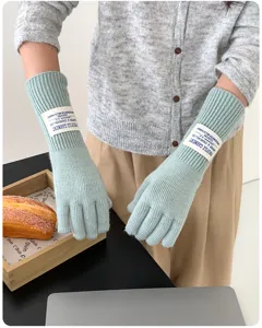Long wool blend knit gloves in light blue, cozy winter five-finger warm gloves with vintage label detail.