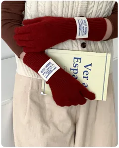 Women red knit gloves winter long solid color wool blend warm touchscreen gloves detail