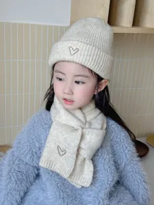 Kids knit hat scarf set with cute heart embroidery, cozy winter warm beanie and neck warmer.
