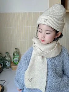Kids knit beanie hat and scarf set with cute heart embroidery, warm winter solid color set.