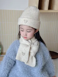 Cute kids knit beanie hat and scarf set, cozy warm winter solid color heart embroidery.