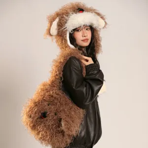 Fausses Fourrures Mignonne Forme de Chiot Chapeau à Rabat d'Oreille en Peluche Et Ensemble de Sac Bandoulière Hiver Chaud Résistant Au Froid Ensemble de Chapeau Pour Femmes