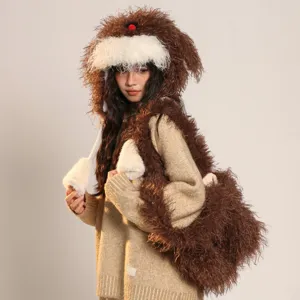 Ensemble bonnet chapeau chien duveteux et sac femme hiver mignon chaud peluche bandoulière