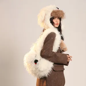 Automne hiver mignon chiot pelucheux chapeau et sac bandoulière chaud bonnet d'oreille