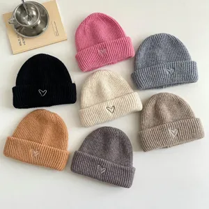 Kids solid color knit beanie detail with cute heart embroidery, autumn winter cozy hat