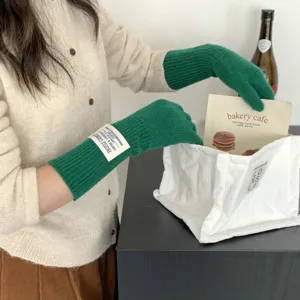 Green long knit gloves for women, autumn and winter warm touch screen arm warmer sleeves.